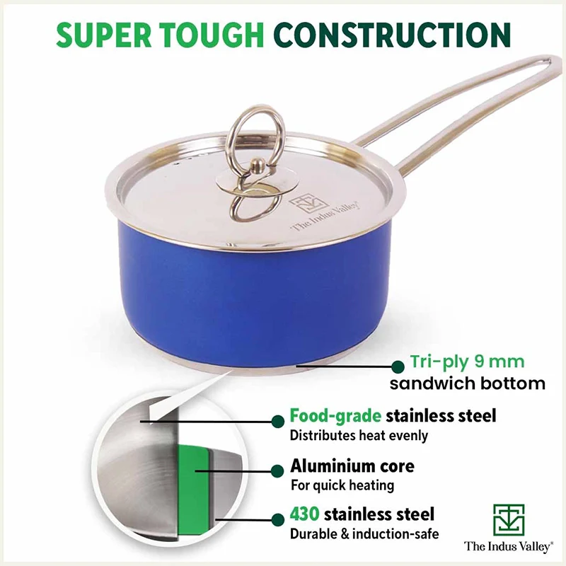 Tri-Steel Premium Stainless Steel Saucepan/ Milk/ Tea Pan, Tri-ply (3 Layer) Induction Bottom, Steel Lid - Image 4