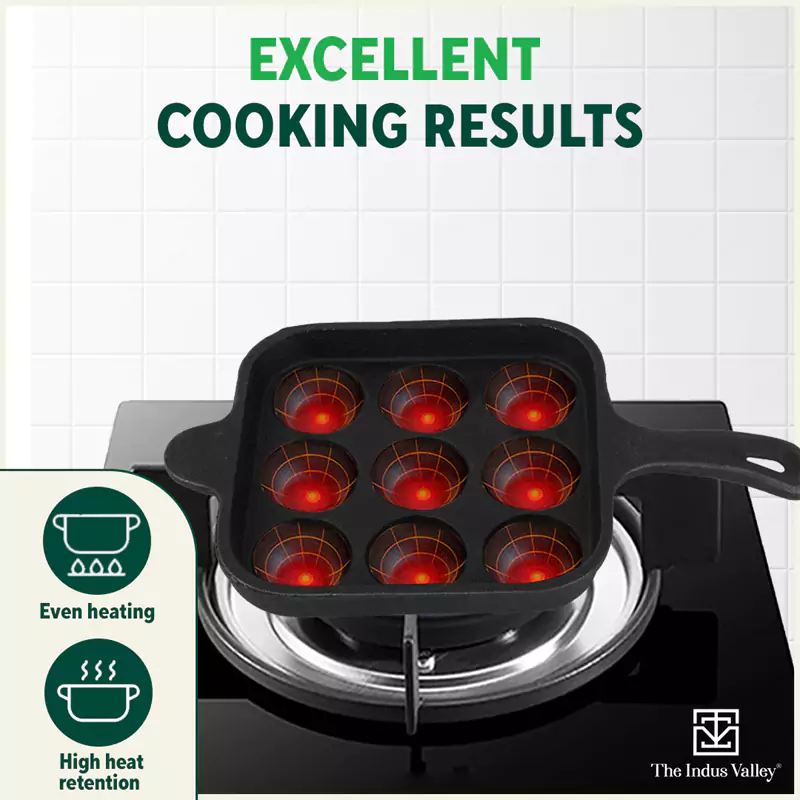 9 Pit/Cup CASTrong Cast Iron Paniyaram/Appe pan 18.5cm + Free Spatula, Square, Long handle, Pre-seasoned, Naturally Nonstick, 100% Pure, Toxin-free - Image 6