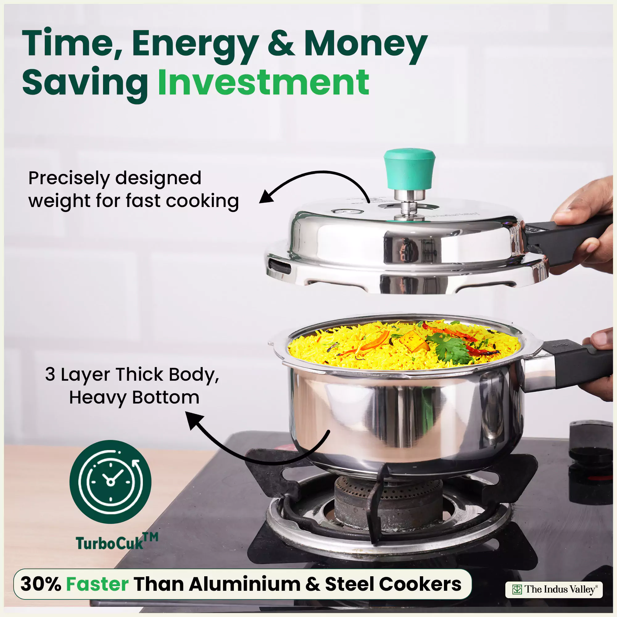 2L+5L RapidCuk Tri-ply Stainless Steel Pressure Cooker, Premium Quality, 3 Layer Heavy Bottom, 100% Safe, ISI Certified, 3 Yr Warranty, Induction & Gas - Image 6
