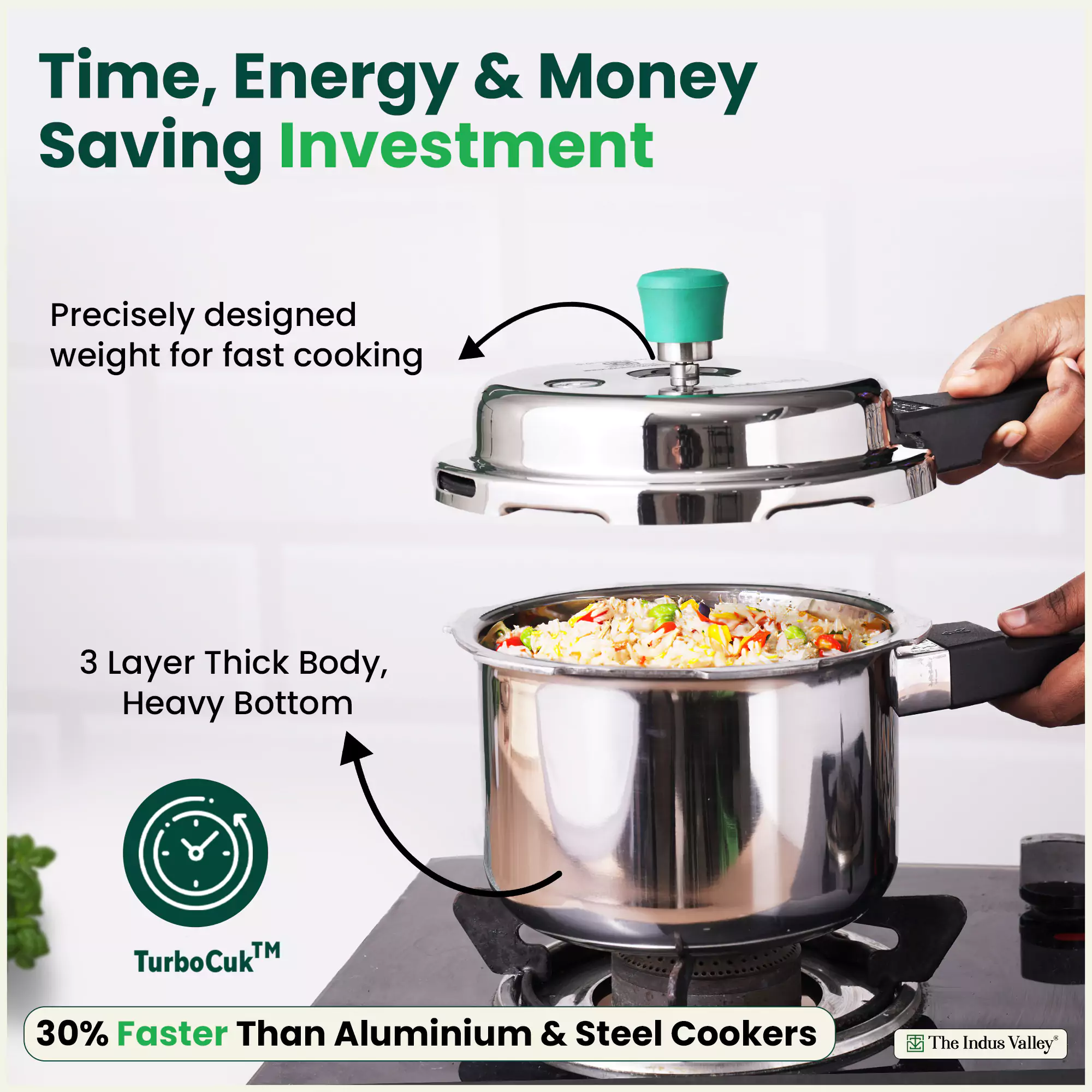 3L+5L RapidCuk Tri-ply Stainless Steel Pressure Cooker Combo, Premium Quality, 3 Layer Thick Body, Heavy Bottom, 5Yr Warranty, ISI Certified, Induction & Gas, Free ā¹600 Wood Chopping Board - Image 6