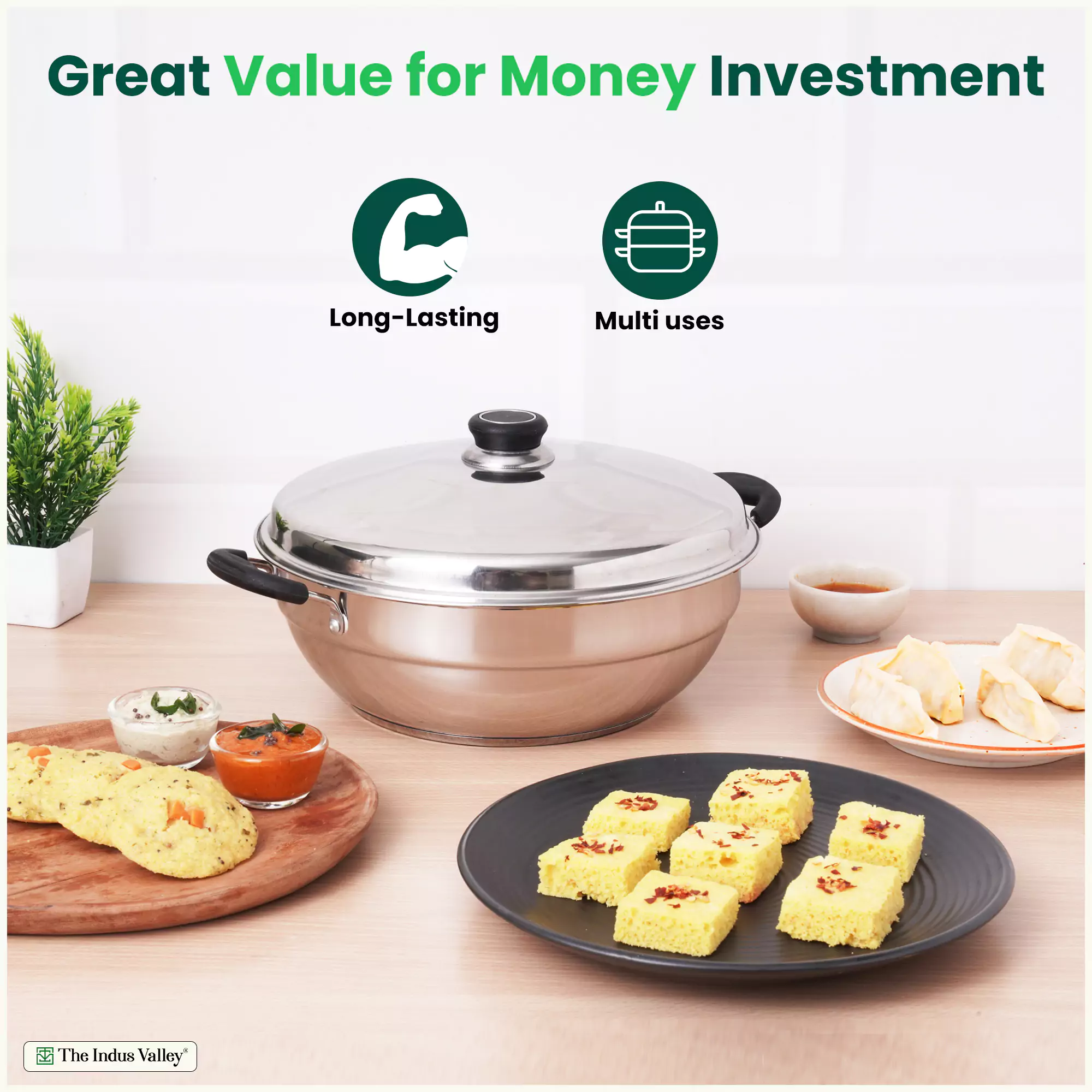 14 Pit Tri-Steel Multi Pot 4.2L Premium Stainless Steel Idli/ Dhokla/ Momo Maker/ Veg Steaming Set, Tri-ply Induction Bottom, 5 Plates - Image 3